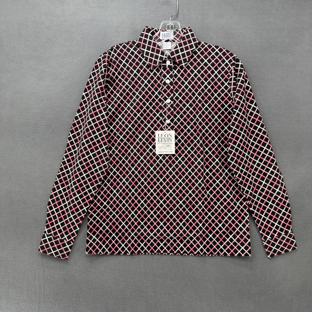Leon Levin Polo Shirt Womens Small Pink Black Geometric Diamond Grid NWT